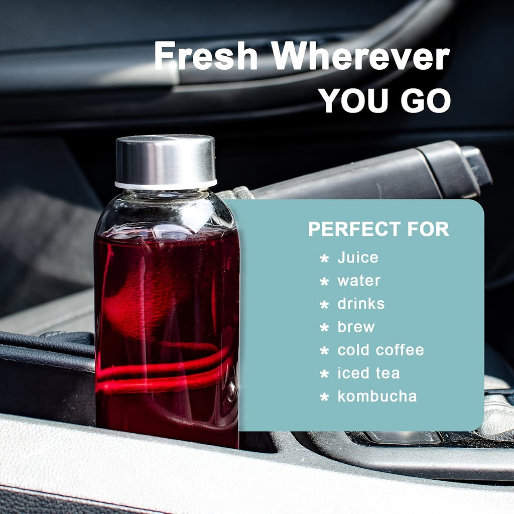 [6 Pack] 18oz Glass Water Bottles with Lids - Reusable Glass Juicing Bottles with Stainless Steel Caps, 100% Leak Proof Juice Containers for Refrigerator, Smoothies, Beverages, Includes Cleaning Brush & Funnel, BPA Free