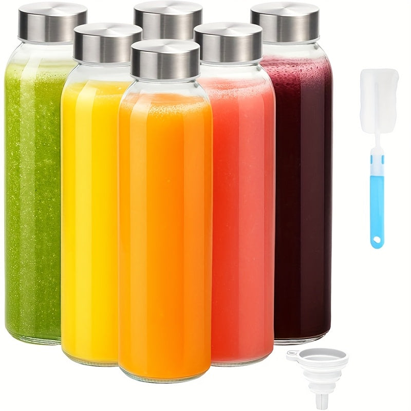 [6 Pack] 18oz Glass Water Bottles with Lids - Reusable Glass Juicing Bottles with Stainless Steel Caps, 100% Leak Proof Juice Containers for Refrigerator, Smoothies, Beverages, Includes Cleaning Brush & Funnel, BPA Free