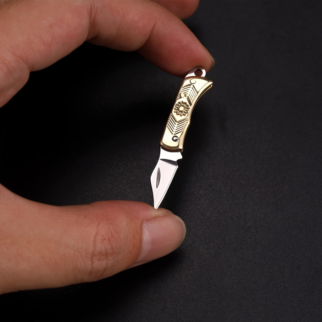 Steel/Copper Mini Folding Pocket Knife - Outdoor Pocket Knife Compact with Keychain, Lightweight And Portable for Camping, Hiking And Everyday Use Elegant Golden Decorative Handle - Outdoor Survival And Camping Hunting