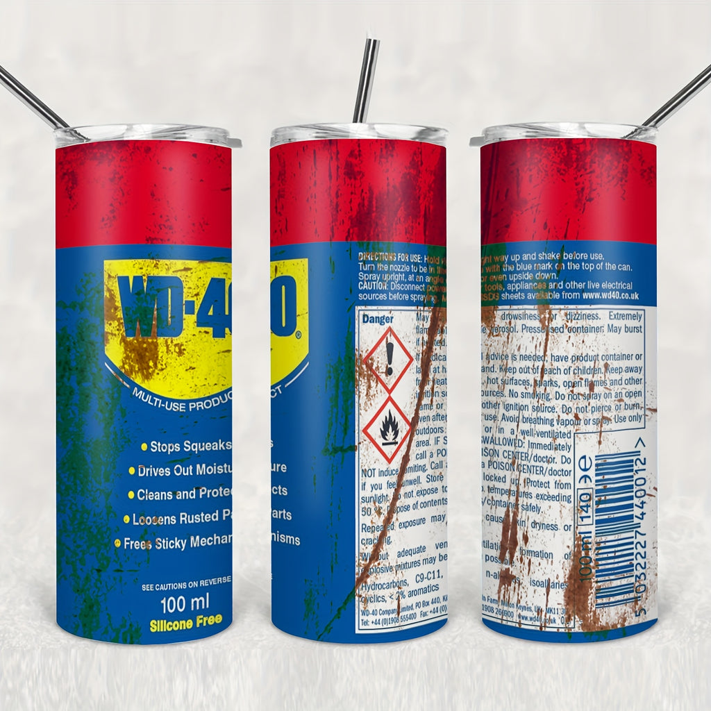 One 20Oz Stainless Steel Tumbler Featuring a WD-40 Design, Complete with a Lid And Straw. Keeps Drinks Hot for 6 Hours And Cold for 12. an Ideal Gift for Men, Enthusiasts, And Mechanics. Perfect for Use in The Garage, Workshop