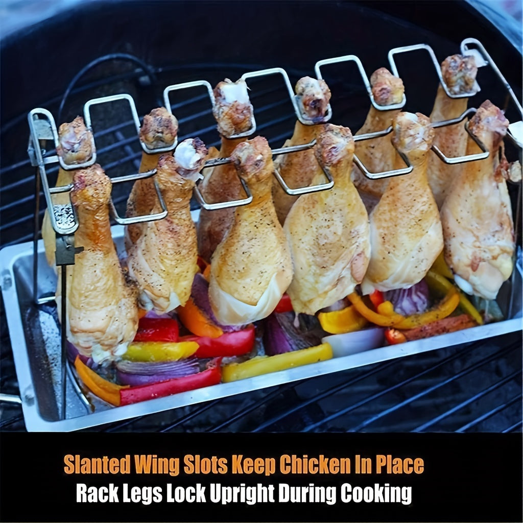 Chicken Leg And Wing Rack for Grill Smoker Oven - Easy to Use 14 Slots Chicken Leg Rack - High Grade Stainless Steel Chicken Wing Rack Chicken Drumstick Holder for Perfect Cook